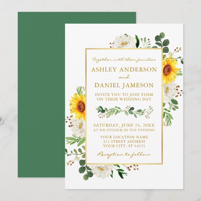 Invitation Aquarelle Fleurs de soleil Blanc Floral Mariage Or (Devant / Derrière)