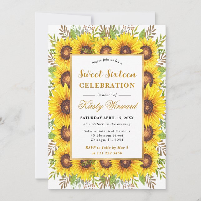Invitation Aquarelle Fleurs de soleil Frame Frame Sweet 16 (Devant)