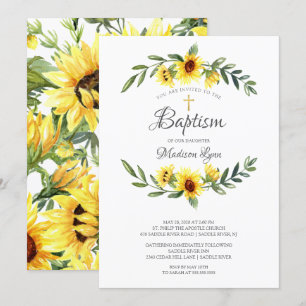 Invitation Aquarelle Fleurs de soleil jaunes Baptême