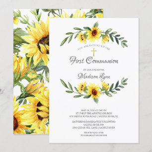 Invitation Aquarelle Fleurs de soleil jaunes Première communi
