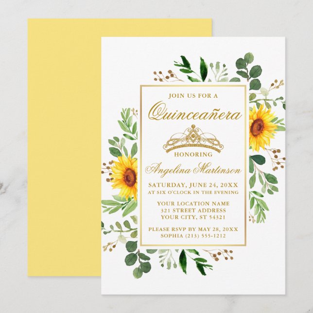 Invitation Aquarelle Fleurs de soleil Jaunes Végétation Quinc (Devant / Derrière)