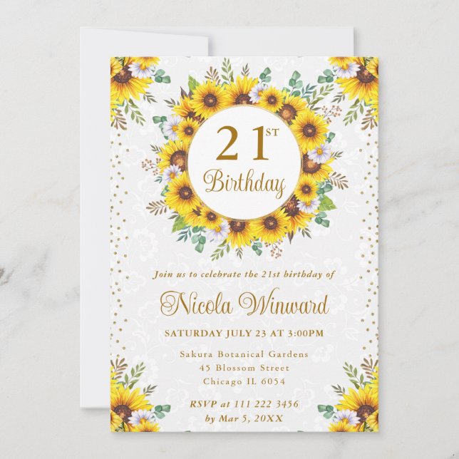 Invitation Aquarelle Fleurs de soleil rustiques Wreath Annive (Devant)