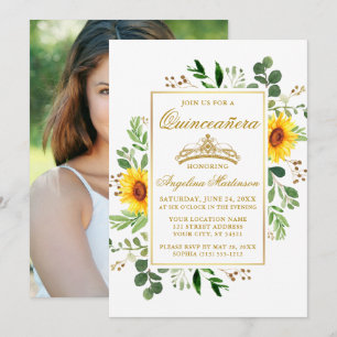 Invitation Aquarelle Fleurs de soleil Verdure Quinceanera Pho