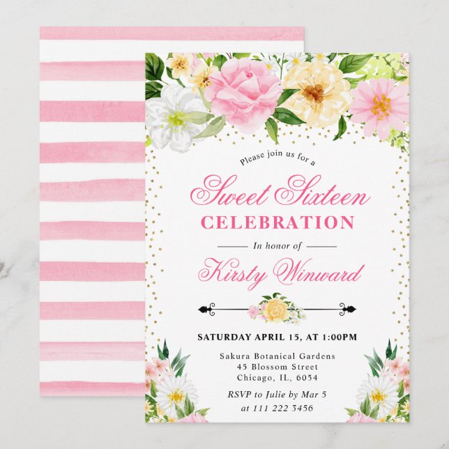 Invitation Aquarelle Fleurs d'été jaune et rose doux 16 (Devant / Derrière)