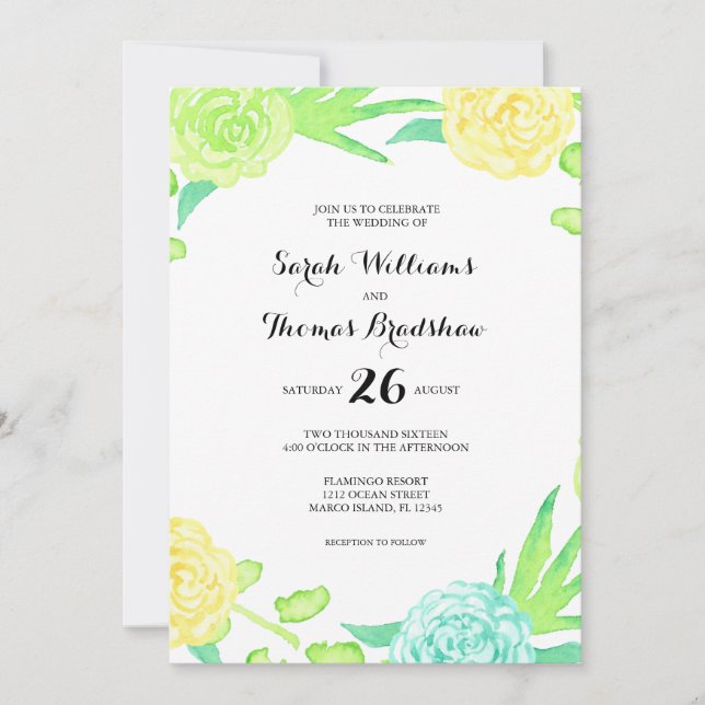 Invitation Aquarelle Fleurs d'été Mariage (Devant)