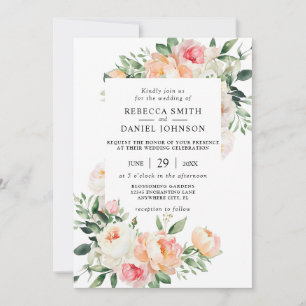 Invitation Aquarelle Fleurs et Feuillage Mariage Rose Pêche