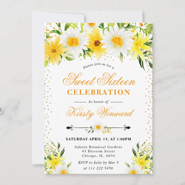 Invitation Aquarelle Fleurs et marguerites Jaunes Douce 16 (Devant)