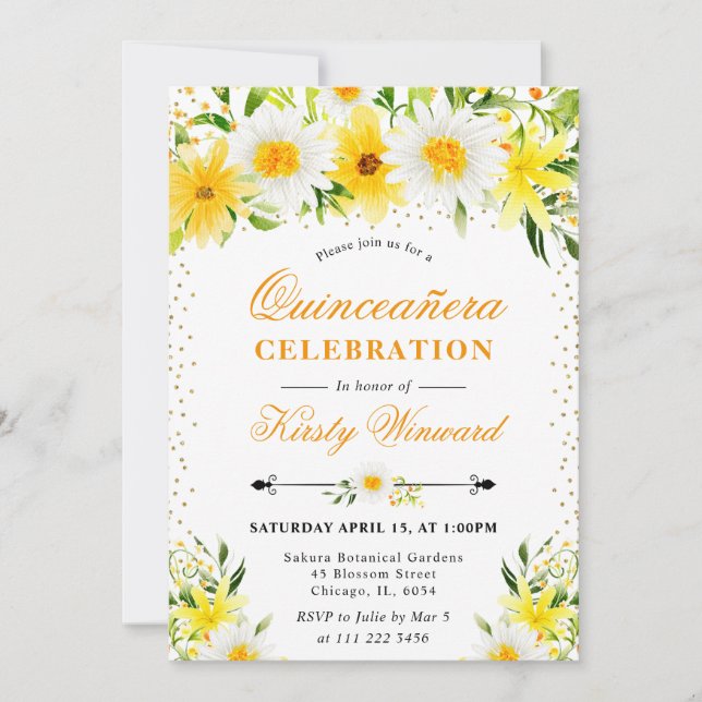 Invitation Aquarelle Fleurs et marguerites jaunes Quinceanera (Devant)