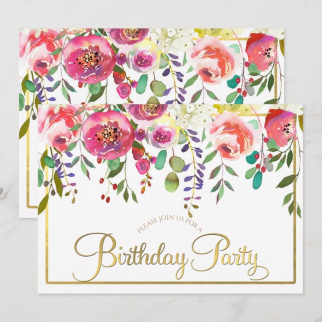 Invitation Aquarelle Fleurs florales Fête d'Anniversaire mode (Devant / Derrière)