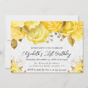 Invitation Aquarelle Fleurs jaune et or 21e anniversaire