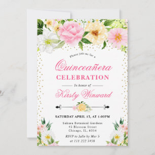Invitation Aquarelle Fleurs Jaunes et Roses Quinceanera