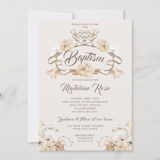 Invitation Aquarelle Fleurs naturelles séchées Baptême (Devant)