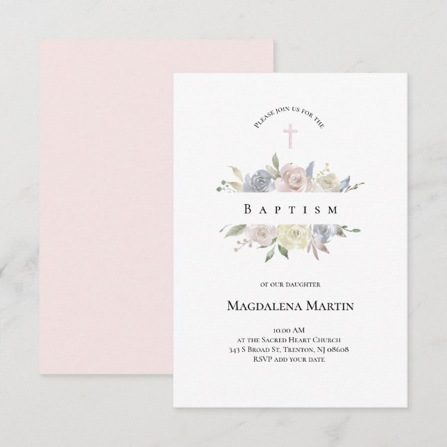 Invitation aquarelle fleurs pâles Baptême (Devant / Derrière)