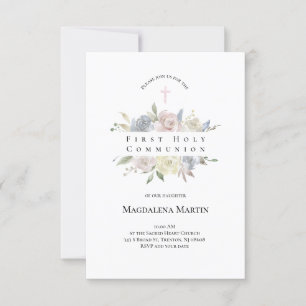 Invitation aquarelle fleurs pâles Première communion