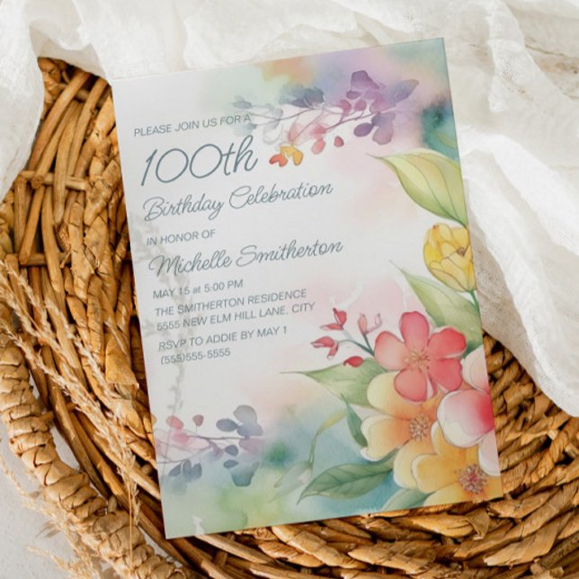 Invitation Aquarelle Fleurs printanières 100e anniversaire (Créateur téléchargé)