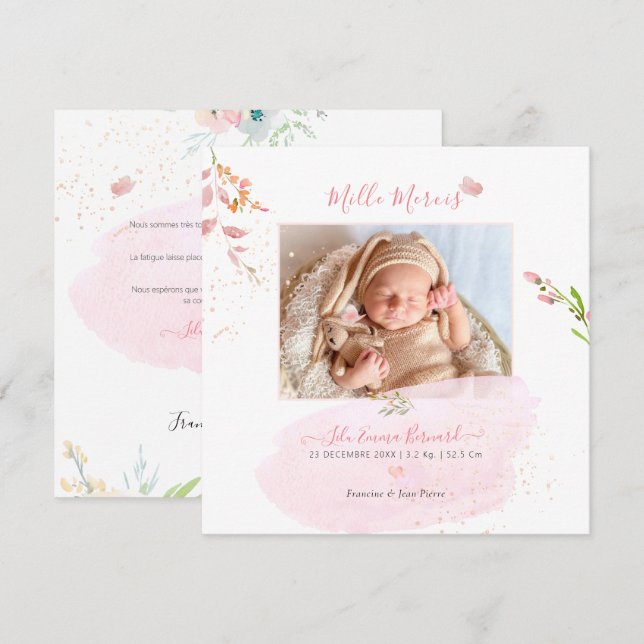 Invitation Aquarelle Fleurs - Ravitaillement Naissance Fille (Devant / Derrière)