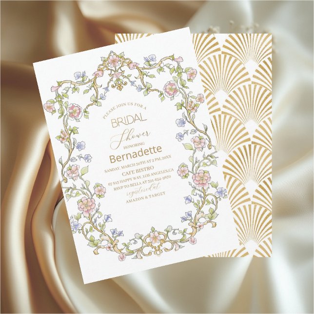 Invitation Aquarelle fleurs rétro or Fête des mariées (Créateur téléchargé)