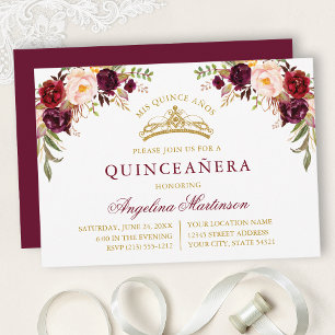 Invitation Aquarelle Fleurs Rose Bourgogne Or Quinceanera