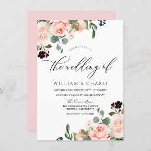 Invitation Aquarelle Fleurs rose pâle Mariage de printemps