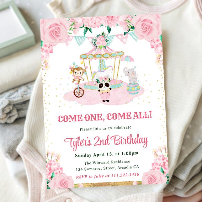 Invitation Aquarelle Fleurs roses Animaux Fête d'anniversaire (Créateur téléchargé)