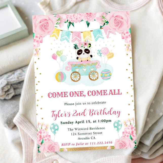 Invitation Aquarelle Fleurs roses Anniversaire de enfant Pand (Créateur téléchargé)