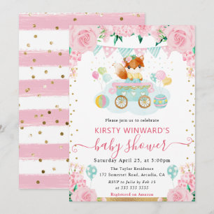 Invitation Aquarelle Fleurs roses Baby shower Fox