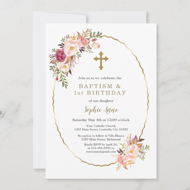 Invitation Aquarelle Fleurs roses Croix d'or Fille Baptême (Devant)