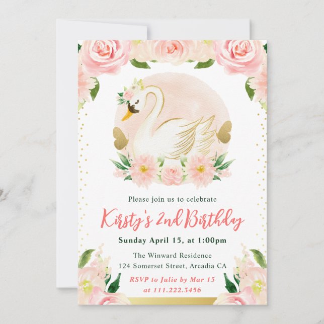 Invitation Aquarelle Fleurs roses et Swan Anniversaire (Devant)