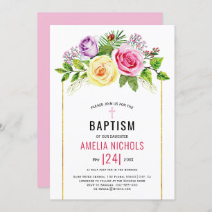 Invitation Aquarelle fleurs roses floral rose Baptême