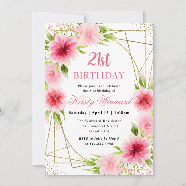 Invitation Aquarelle Fleurs roses Gold Frame 21e anniversaire (Devant)