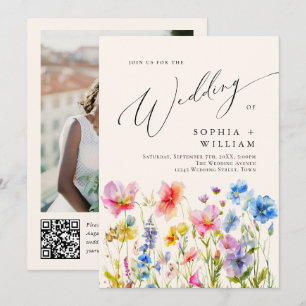 Invitation Aquarelle Fleurs sauvages Mariage Photo Code QR