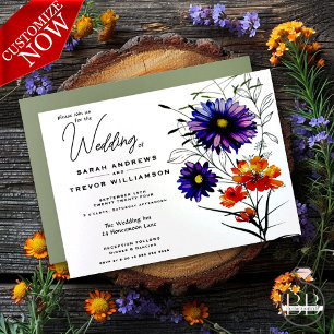 Invitation Aquarelle Fleurs sauvages orange vibrant et violet
