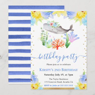 Invitation Aquarelle Fleurs Sous-Marines Baleine Anniversaire