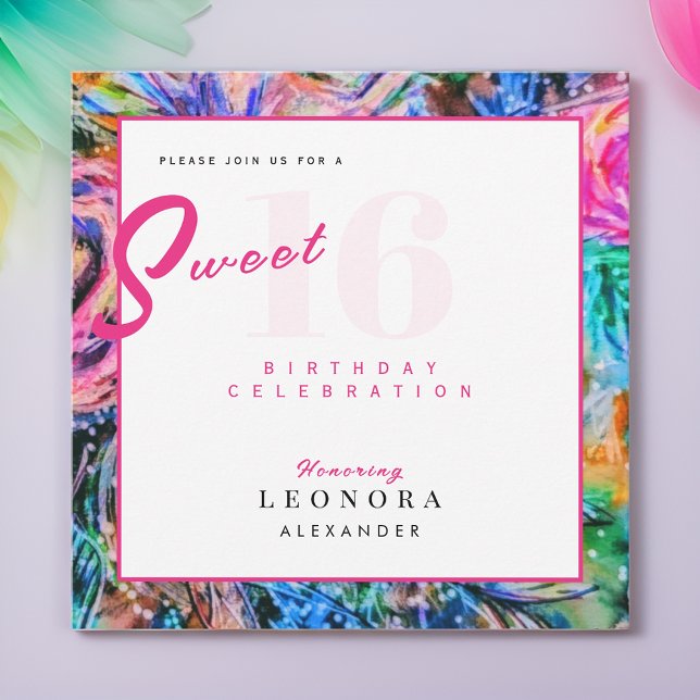 Invitation Aquarelle Fleurs Sweet sixteen 16 rose (Créateur téléchargé)