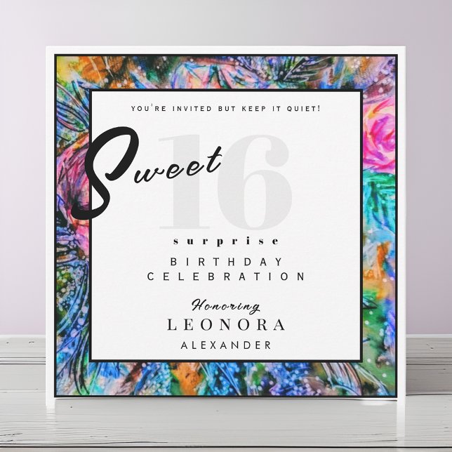Invitation Aquarelle Fleurs Sweet sixteen 16 Surprise Party (Créateur téléchargé)