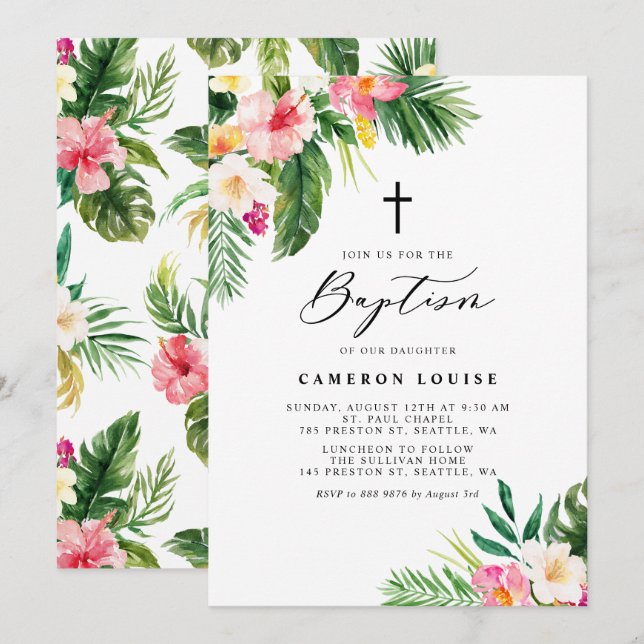 Invitation Aquarelle Fleurs tropicales Baptême d'été (Devant / Derrière)