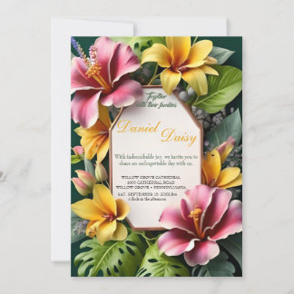 Invitation Aquarelle Fleurs tropicales et Mariage vert I