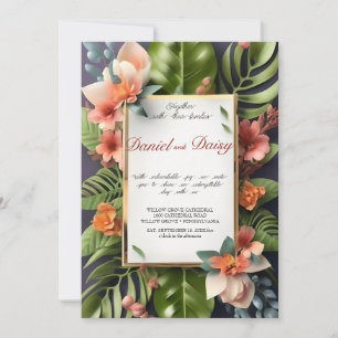 Invitation Aquarelle Fleurs tropicales et Mariage vert I