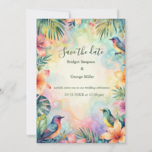 Invitation Aquarelle Fleurs tropicales oiseaux mariage Hawaï