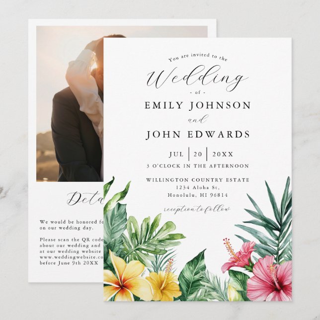 Invitation Aquarelle Fleurs tropicales Photo QR Code Mariage (Devant / Derrière)