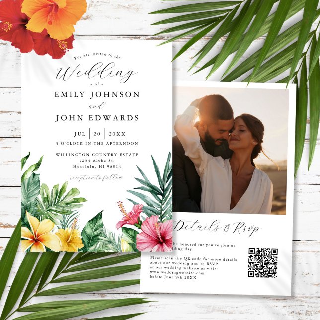 Invitation Aquarelle Fleurs tropicales Photo QR Code Mariage (Watercolor Tropical Flowers Photo QR Code Wedding Invitation)
