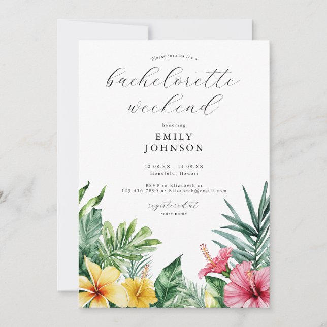 Invitation Aquarelle Fleurs tropicales Week-end Bachelorette (Devant)