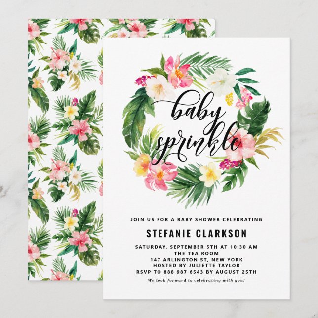 Invitation Aquarelle Fleurs tropicales Wreath Baby Sprinkel (Devant / Derrière)