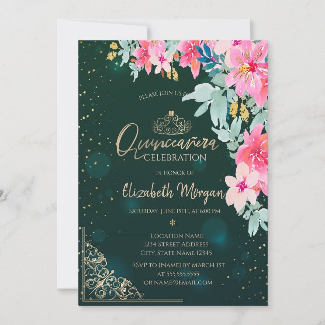 Invitation Aquarelle Fleurs Vert Or Tiara, Quinceañera (Devant)