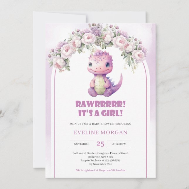 Invitation Aquarelle fleurs violet arche dinosaure fille bébé (Devant)