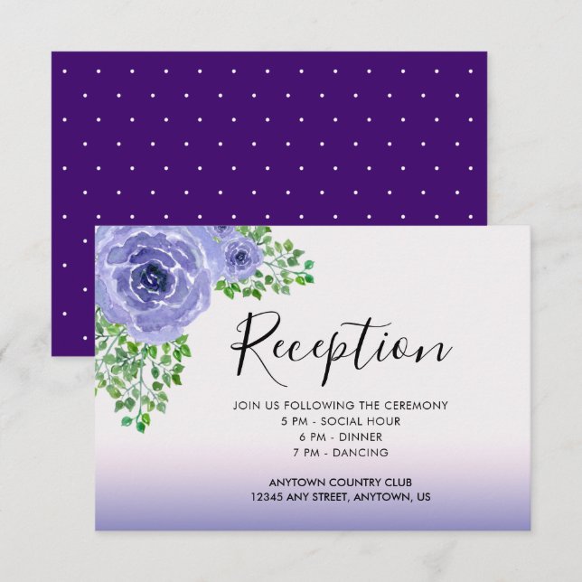 Invitation Aquarelle Fleurs violettes et Réception verdoyante (Devant / Derrière)