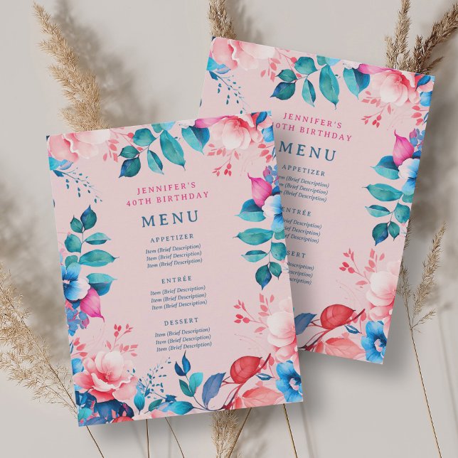 Invitation Aquarelle Floral 40e Anniversaire Menu Blush (Watercolor Floral 40th Birthday Party Menu Blush Invitation)