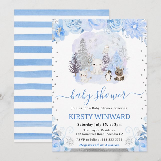 Invitation Aquarelle Floral Arctic Animaux Baby shower (Devant / Derrière)