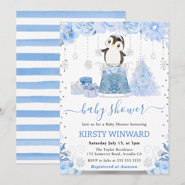 Invitation Aquarelle Floral Arctic Penguin Baby shower (Devant / Derrière)