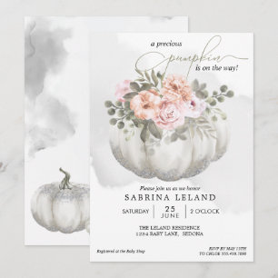Invitation Aquarelle Floral Argent Baby shower Citrouille bla